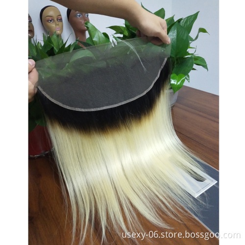 Cuticle Aligned Raw Virgin Straight Ombre 1B 613 Blonde Human Hair Bundles With Frontal